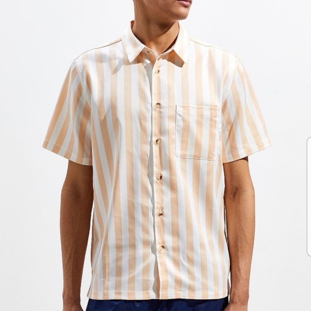 Peach and white striped short sleeve shirt